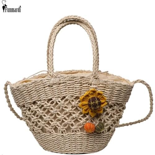 FUNMARDI New Straw Large Capacity Women Top-Handle Bags Flower Design Rattan Crossbody Bags Casual Hollow Out Beach Bag WLHB2367