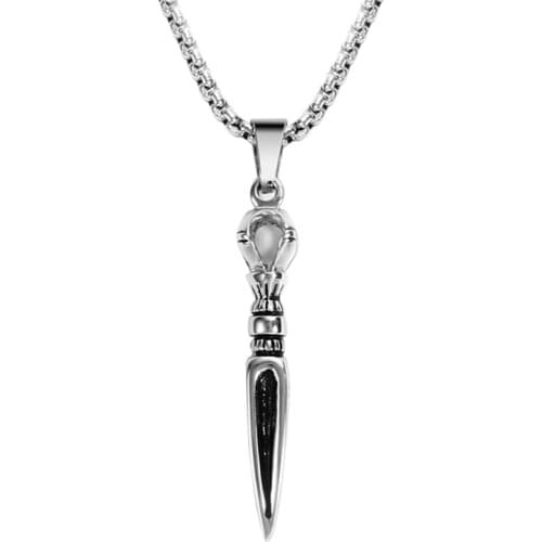 RIR Ornate Stainless Steel Dagger Necklace Pendants Antique Mens Gothic Necklace Fantasy Spike Magic Pendants With Chain