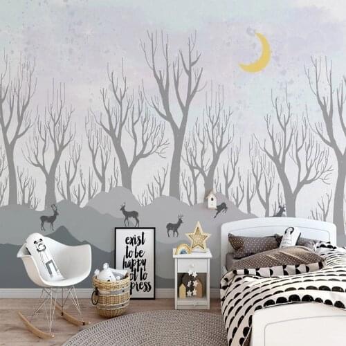 Custom Photo Wallpaper Nordic Elk Forest Childrens Room Background Wall Paper Mural Waterproof Silk Cloth Wall Painting Decor