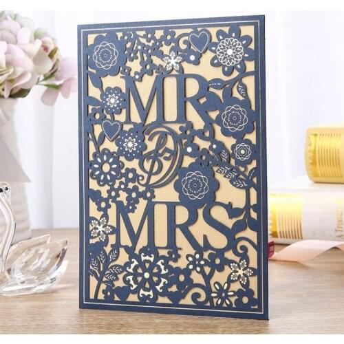 50X Navy Mr & Mrs Wedding Invitation With Personalized Print Insert And Envelope Laser Cut Cards For Bridal Shower Party
