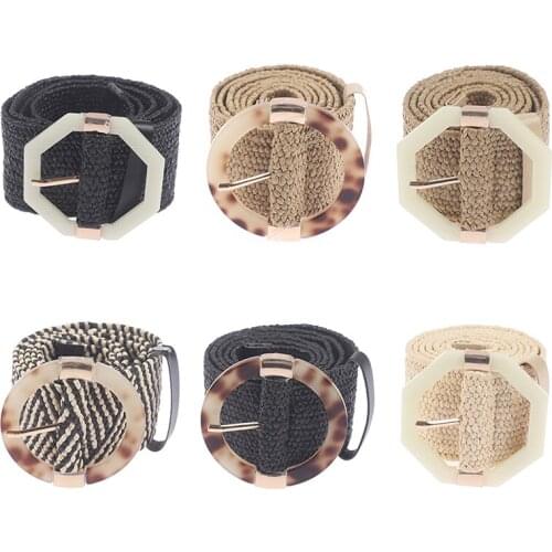 New Women Casual Waistband Plastic Buckle Wide Waist Belt Straw Weave Belts Boho Braided Waist Strap With Leopard Round Buckle