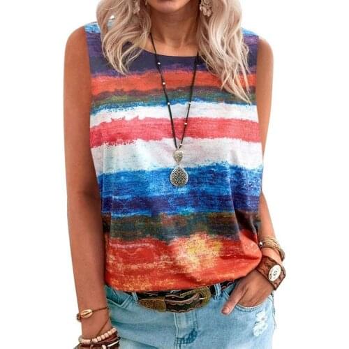 Tie Dye Tank T-shirts Womens Summer Sleeveless O-neck T-shirts Casual Tee Tops Plus Size Gradient Tops Cotton