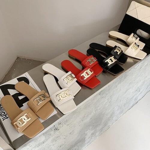 Women Summer 2021 New slipper Metal decrotion Black Luxury Sandals Flat Sexy Square Toe Outdoor Beach slipper plus size 42