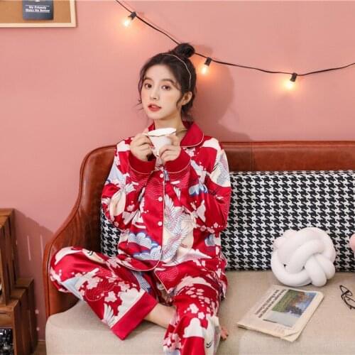 Plus Size Faux Silk 2PCS Women Pajamas Suit Chinese Style Print Sleepwear M-5XL Pyjama Spring Autumn Nightwear Casual Home Wear