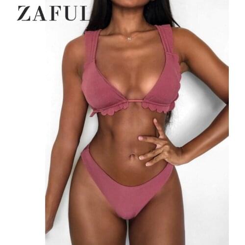 ZAFUL Ribbed Plunge Frilled Bikini Women Swimsuit High Cut Bikini Wire Free Bathing Suit Padded Swimwear 2020 Summer Bikinis Set