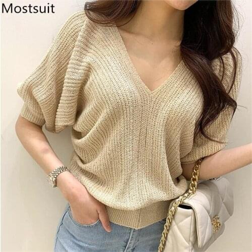 Korean Thin Knitted Pullover Tops Women Summer Half Sleeve V-neck Sweater Knitwear Vintage Fashion Ladies Jumpers Tops 2021