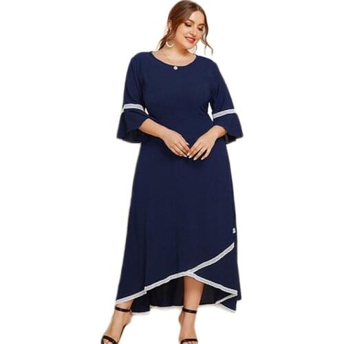 2021 Spring Summer Women Long Dress Elegant Islamic Kaftan Arab Abaya Lace Patchwork O-neck Ladies Solid Color Dress Turkish New