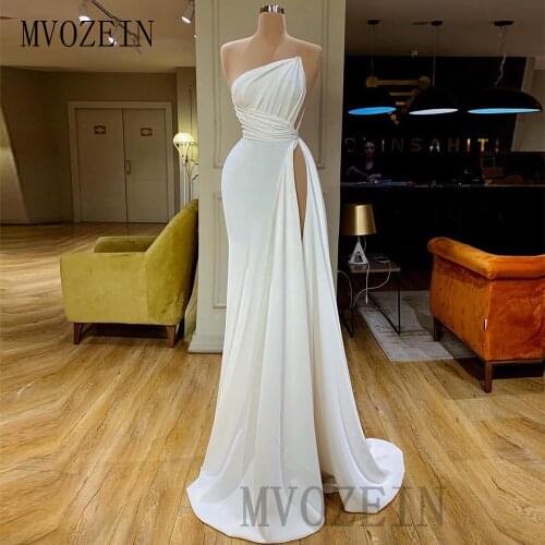 White Prom Dresses Satin A-Line Long Prom Dress Split Floor Length Formal Party Gowns Plus Size Vestido de festa Longo