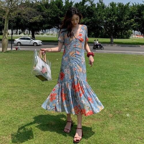Women Long Floral Ruffle Dress Summer 2021 Runway Boho Vintage V-Neck Female Dresses Honeymoon Vacation Vestido Party Night Robe