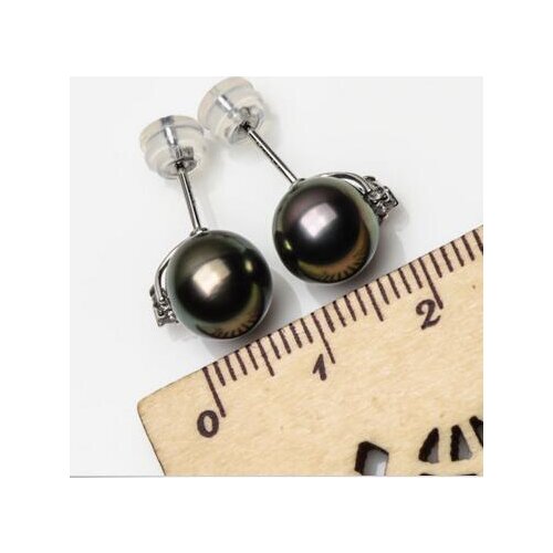 Free shipping>>>>noble jewelry Luminous 8.5-9mm Peacock Green Real Tahitian Pearl Stud Earrings 14k White Gold