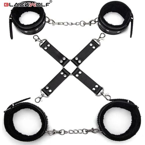 BLACKWOLF Leather BDSM Kits Plush Sex Bondage Set Handcuffs Ankle Cuffs With Cross Sex Toys For Couples Games Exotic Accessories