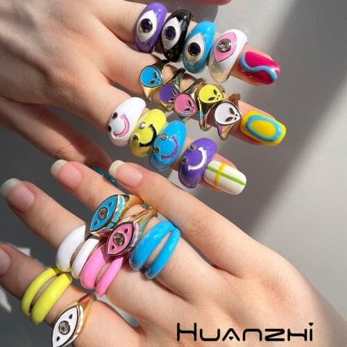 HZ 2021 New INS Trendy Simple Rhinestone Letter Colorful Glaze Enamel Hand of Fatima Smile Turkish Eye Rings for Women Jewelry