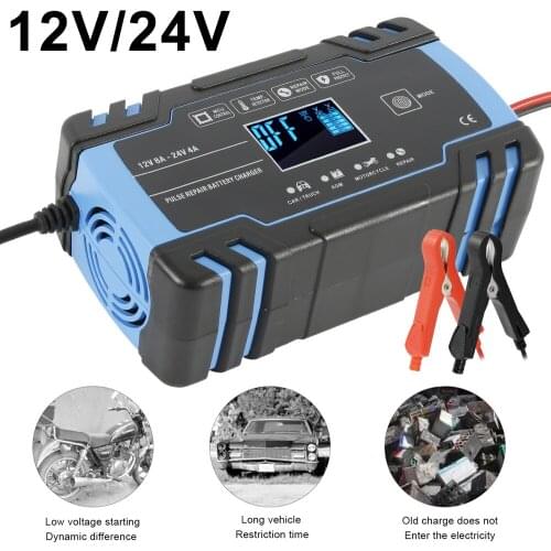 12V/24V Car Motorcycle Lead Acid Battery Pulse Repair Charger Fully Automatic Smart Fast Charger With LCD Display US plug