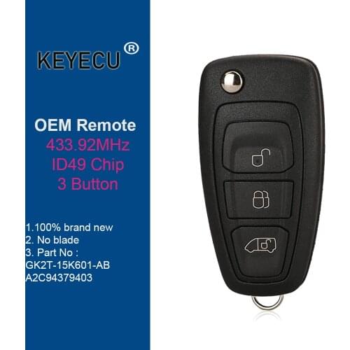 KEYECU OEM Genuine Flip Remote Car Key fob 433.92MHz with ID49 chip for Ford Transit / TOURNEO Custom 2016-2020 GK2T-15K601- AB