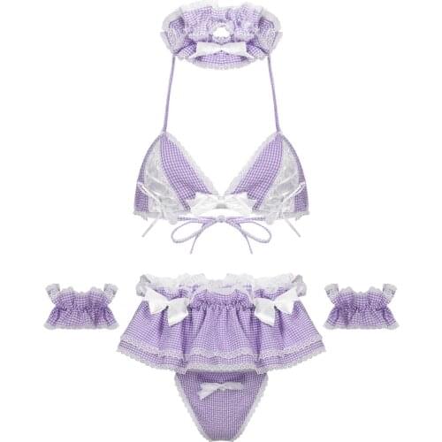 Cute Kawaii Women Erotic Lingerie Set Ruffle Plaid Baby Doll Lace-up Bra G-string Thong Apron Peplum with Choker Arm Sleeves