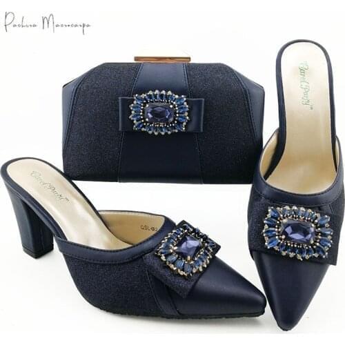 New Arrival Nigerian Fashion Style Italian Design Women Shoes and Bag Set Decorated With Rhinestone in D.Blue Color for Party