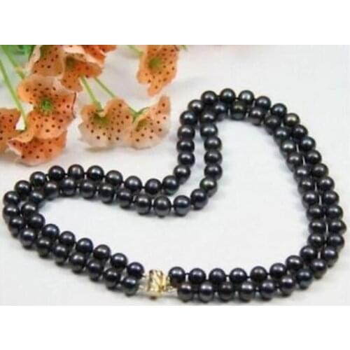 Charming 2 ROW AAA 9-10MM TAHITIAN NATURAL BLACK PEARL NECKLACE Yellow Clasp