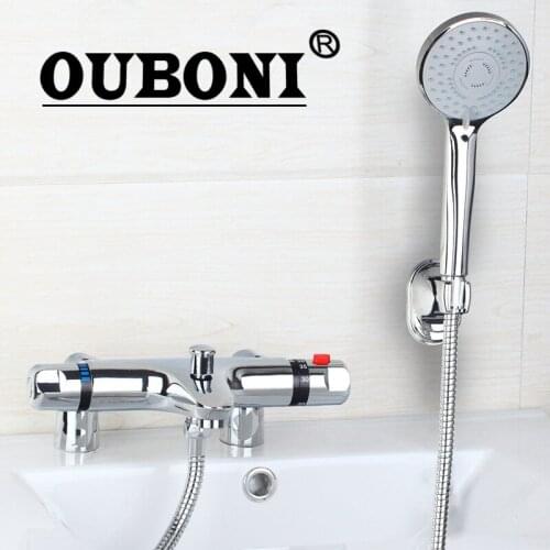 OUBONI Chrome Brass Bathroom Bathtub Sink Wall Mounted Thermostatic Mixer Taps Basin Faucet Set Thermostatic Faucets