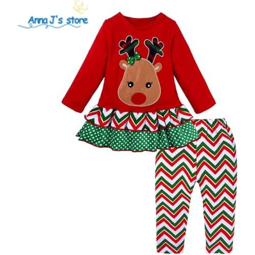 Christmas Deer embroidery Kids Baby Girls ruffles tops + Cotton wave Pants Outfit Clothes 2Pcs Set Christmas Costume TZ683