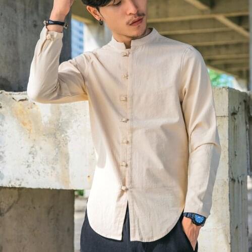 Spring Autumn male top standing collar Hanfu cotton linen mens long sleeve shirt retro button chinese style clothes