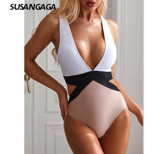 2021 New Splicing One Piece Swimsuit High Cut Swimwear Women V Neck Bathing Suit Women Summer Beachwear Sexy Bandage BodySuit