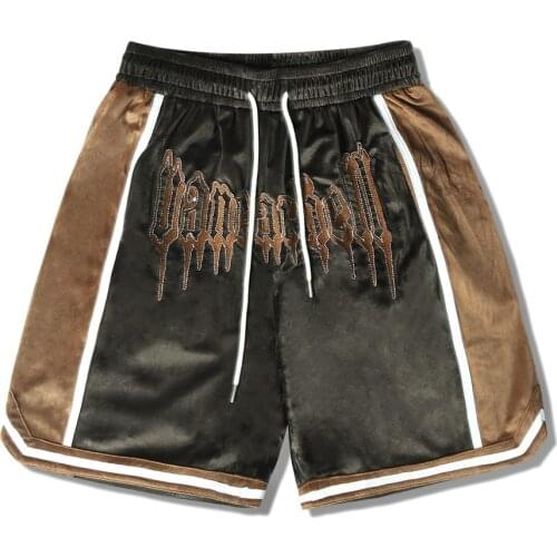 SEVEYFAN 2021 Mens Gold Velvet Letters Embroidery Shorts Hip Hop Summer Patchwork Sport Shorts for Male