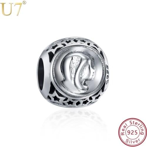 U7 Sterling Silver 925 Virgo Star Sign Round Beads Charms for Bracelet Making DIY Women Jewelry Accessories Para Pulsera SC124