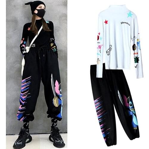 New Women 2 Pcs Tracksuit Spring Autumn Cartoon Japanese Style Tees Tops Harem Pants Sets Suit Clothing Set NS957