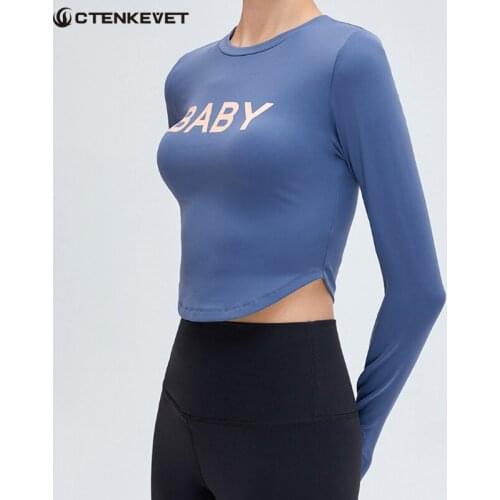Letter Printing Yoga Long Sleeve Running Workout Slim Top Womens Gym Pilates Push-up Clothes Breathable T-Shirts Sports Top