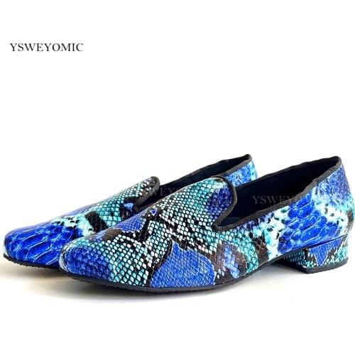 2021 Summer Men Boys Dance Shoes Blue Snake Printing Leather Low Heel 2.5cm 4cm For Latin Bachata Salsa Dancing Perfomance