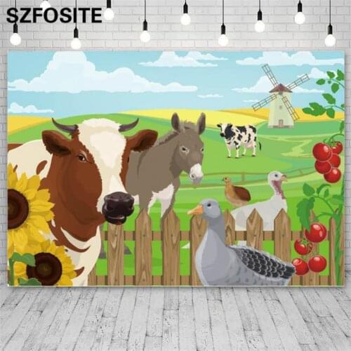 Cartoon Happy Farm Cow Animal Party Blue Sky Vinyl Background Boy Birthday Table Decoration Photography Photo Polyester Backdrop