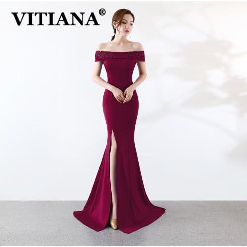VITIANA Women Noble Banquet Party Dress Female Off Shoulder Black Trumpet Sexy Elegant Bodycon Dresses Femme Host Long Vestidos