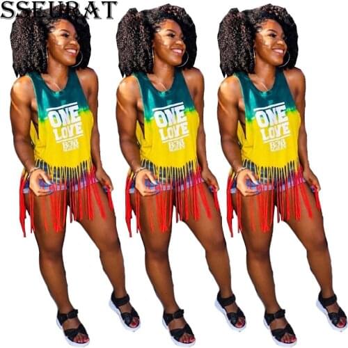 SSEURAT Womens Fashion Letter Print T-shirt Sexy Tassel Casual Sleeveless Top