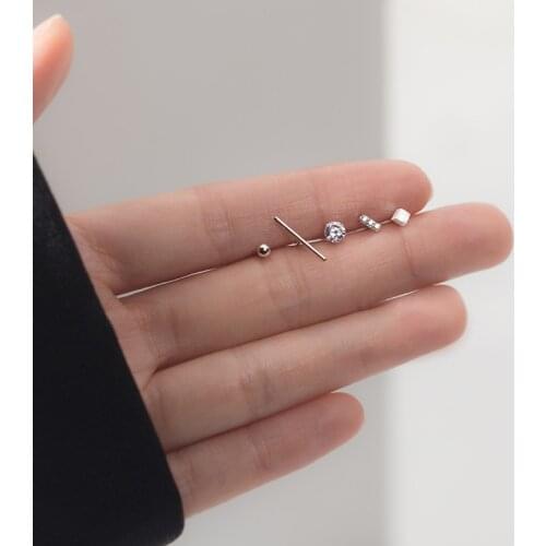 MloveAcc 925 Sterling Silver Tiny Cute Silver Geometric Stud Earrings for Women Girls Nice Casual Ear Jewelry 5pcs/set