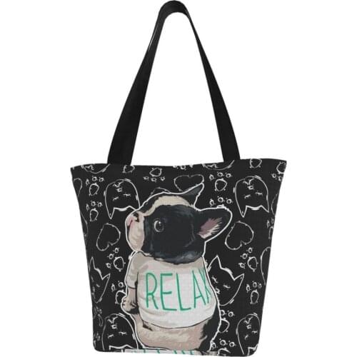 French Bulldog Pattern Ladies Handbags Cloth Tote Bag Black Shopping Women Eco Reusable Shoulder Shopper Bags bolsas de tela