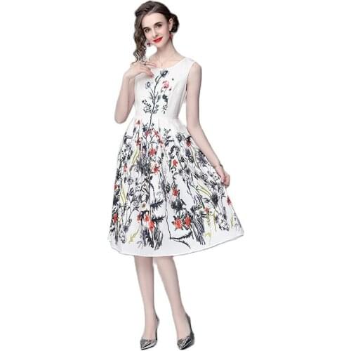 BunniesFairy 2021 Summer Women Elegant Vintage Ink Painting Flower Floral Print High Waist Beige Vest Dress Sleeveless Vestidos