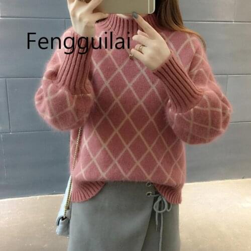 2020 Winter Plaid Cashmere Sweater Women Turtleneck Plus Size Sweater Elasticity Knitted Long Sleeve Pullovers Female Jumper