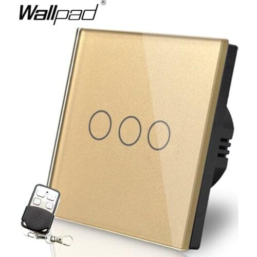 3 Gang Remote 110V-250V Wallpad Gold Tempered Glass Touch 3 Gang 2 Way RF433 EU UK Remote Control Wireless Switch Free Shipping