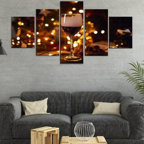 Red Wine Pictures for Kitchen 5 Piece Colorful Canvas Wall Art Wine Cup Paintings Whisky Glass Artwork Modern House Decor Frame