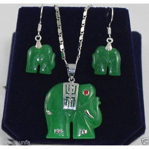 AAA Pretty Natural jade silver elephant pendant necklace earrings