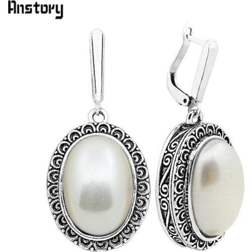 Big Oval Pearl Earrings For Women Vintage Antique Silver Plated Flower Pendant Fashion Jewelry
