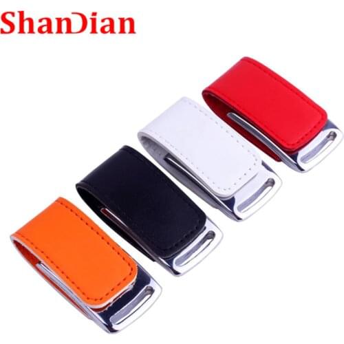 SHANDIAN Genuine Leather & metal keyring chain USB flash drive fashion creativo USB 2.0 memory stick 64GB 32GB Flash drive pen