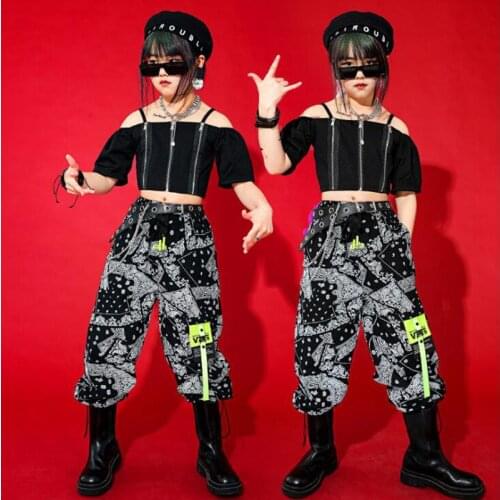 Kids Cool Hip Hop Dancing Outfits Streetwear Black Crop Tops off shoulder Cargo Pants For Girls Jazz Dancing Costumes Clothing