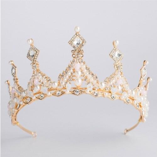 European Gold Crown Baroque Crystal Crown Headband Rhinestone Hairband Pearl Tiara Wedding Hair Accessories Bridal Queen Crown