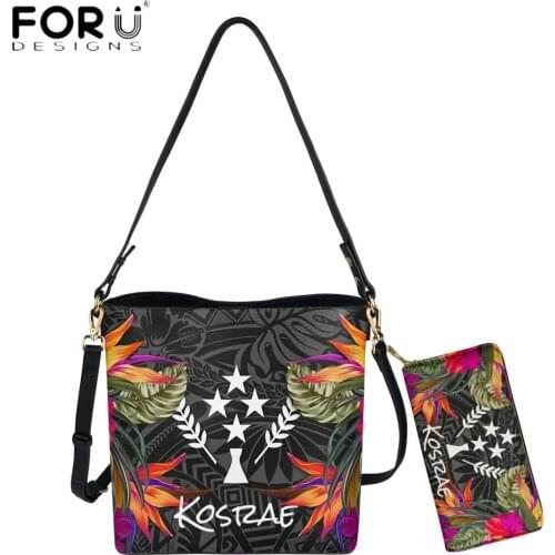 FORUDESIGNS New Fashion Luxury Women PU Handbag 2pcs Set Kosrae Polynesian Hibiscus Printing Ladies Messenger Sac Purse Femme