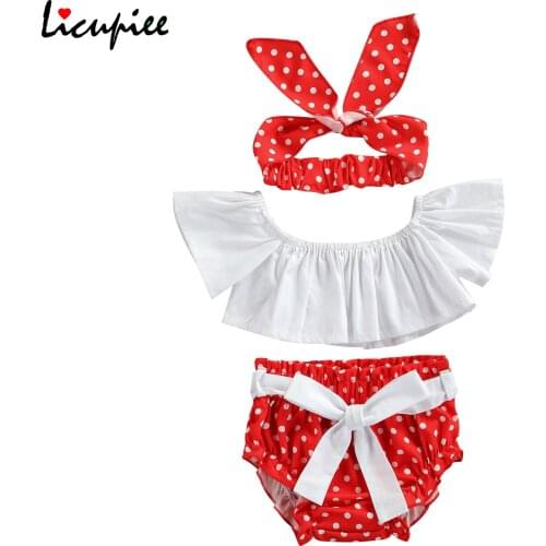 0-24 Months 3pcs Toddler Summer Outfit, Solid Color Flare Sleeves Crop Tops + Polka Dot Briefs + Hairband for Baby Girls