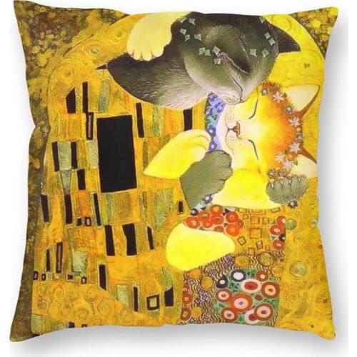 Pet Cat The Kiss Square Pillowcover Home Decor Gustav Klimt Cushions Throw Pillow for Sofa Double-sided Printing
