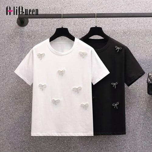 Summer Women Pearls Beading Simple Tshirts Female Casual White Cotton Bottoming Pullover Crop Top T-shirt Graphic Tees Plus Size
