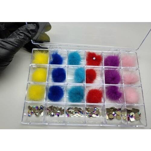 Nail Pom Poms with AB Rhinestone / Magnetic pom poms puff ball 24pc 18 pc Magnetic Pom Poms Assorted colors + 120 AB rhinestones