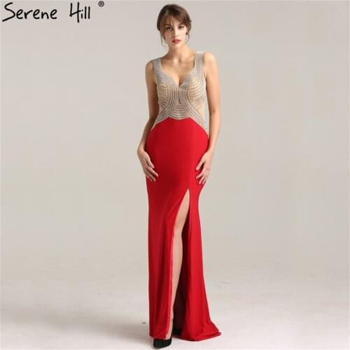 Fashion Sexy Sleeveless Mermaid Bridal Dress V-Neck Crystal Elegant Formal Evening Gown 2021 Real Photo LA6263